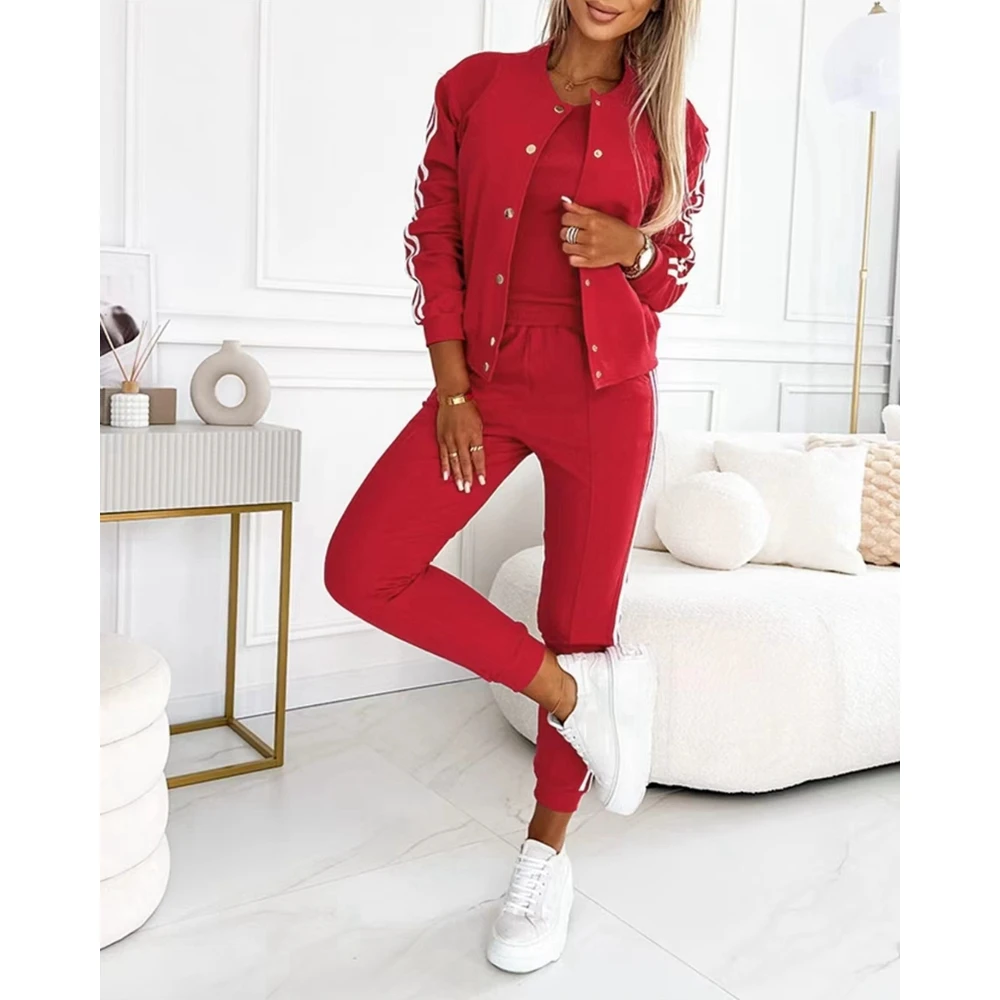 

Women Autumn Three Pieces Elegant Pants Sets Striped Tape Patch Tank Top & Cuffed Pants Set With Buttoned Jacket