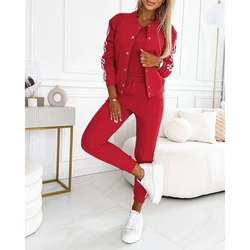 Set di pantaloni eleganti da donna in tre pezzi autunnali con toppa a nastro a righe e pantaloni con risvolto con giacca abbottonata