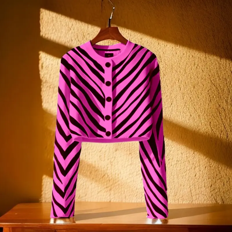 

2024 Winter New Zebra Pattern Chic Temperament Korean Style Niche Fashion Long-sleeved Knitted Sweater Cardigan Top