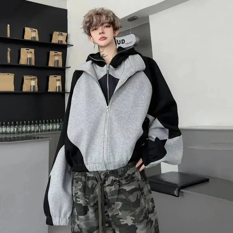 American Style Men's Jackets Hooded Detachable Patchwork Contrast Color Drawstring Fake Two-piece Loose Male Coats 9OVAR