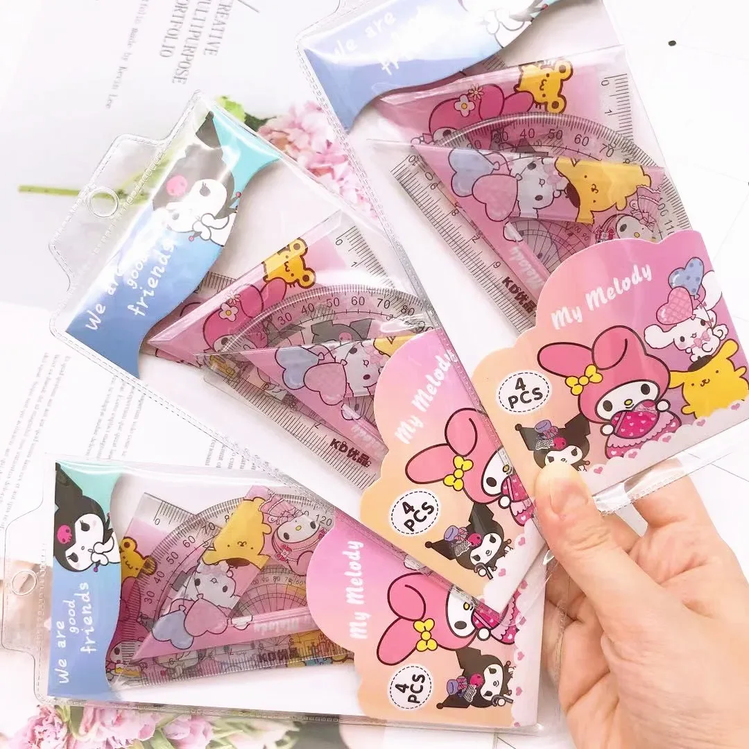 Cartoon Sanrio Student Ruler 4 Piece Set Kawaii My Melody Kuromi Triangular Plate Protractor Measuring Ruler Stationery Set Gift