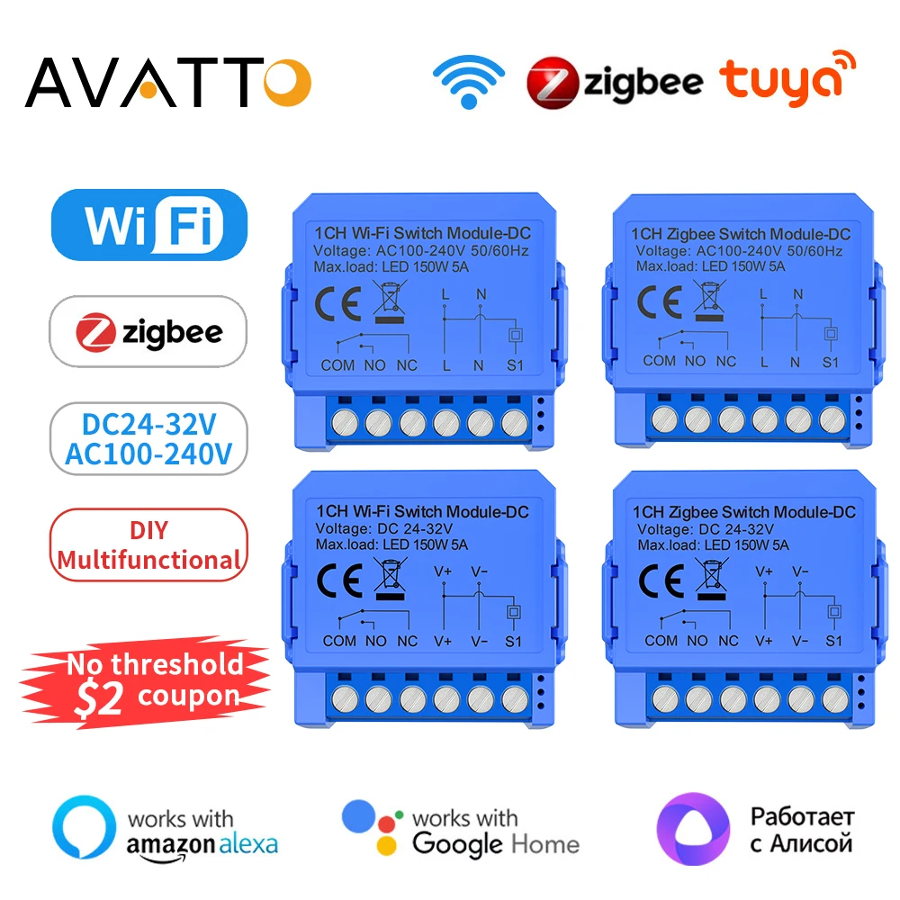 AVATTO-Módulo de interruptor inteligente Tuya WiFi/ZigBee, contacto seco, relé Universal, compatible con Alexa y Google Home, CC 24-32V/CA 100-240V