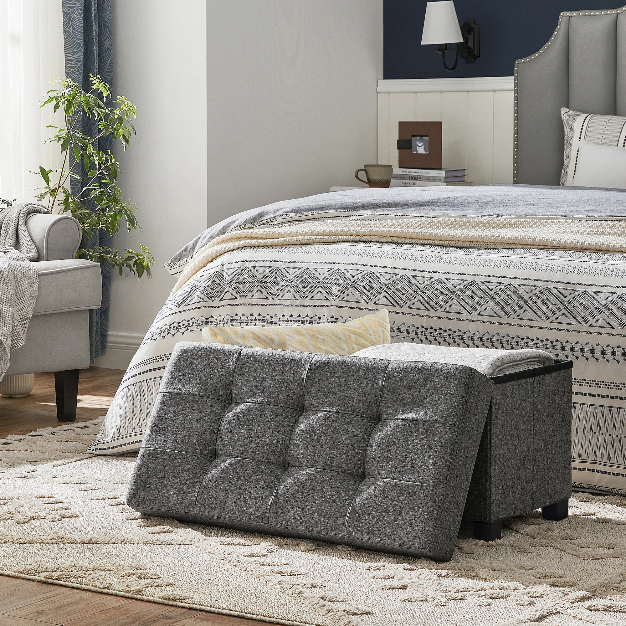 SONGMICS opbergpoef, slaapkamerbank met opbergruimte, voetenbank, 15 x 30 x 15,7 inch, leigrijs ULSF16GYZ