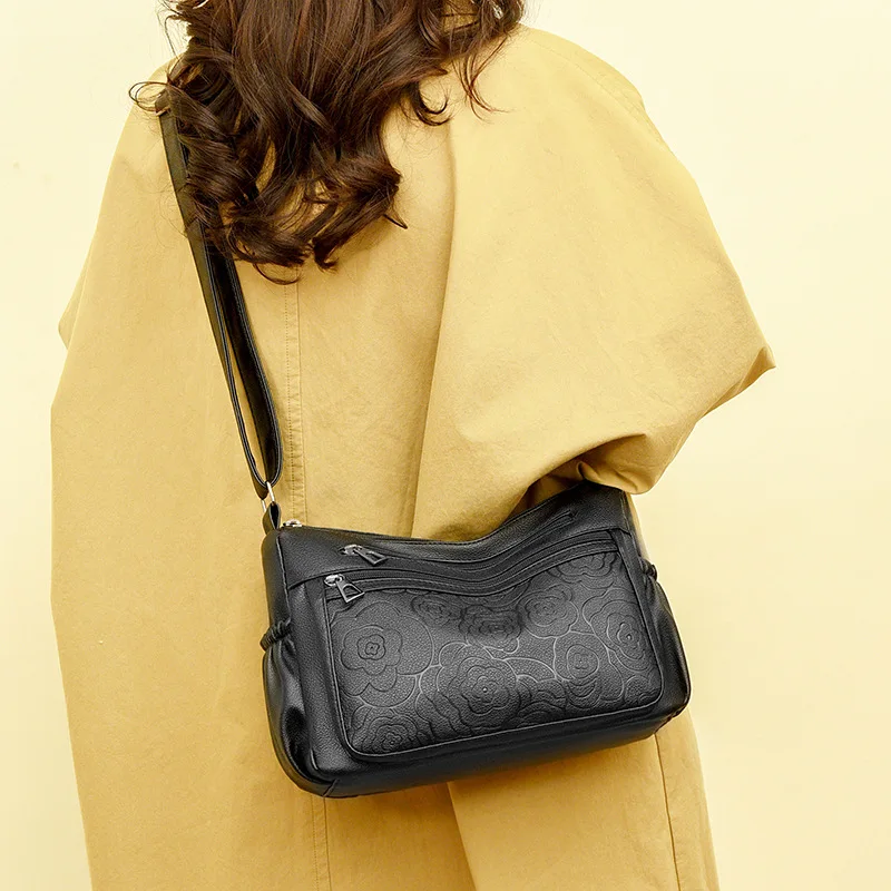 Wear-resistant PU leather women's single-shoulder bag, horizontal square multi-pocket large-capacity crossbody women's bag