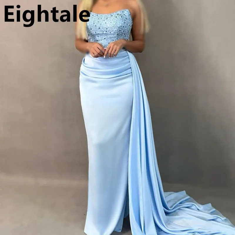 

Eightale Customized Glitter Sky Blue Mermaid Evening Dress Strapless Sequin Prom Dress Dubai Formal Party Gown Robe de soiree