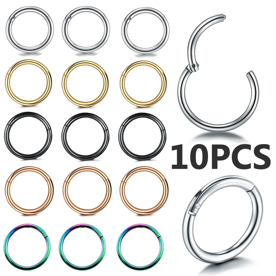 10pc Hinged Segment Nose Ring Stainless Steel Nose Hoop Septum Clicker Piercing Lip Ear Cartilage Helix Body Piercing Jewelry