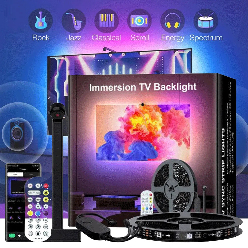 

LED RGBIC Strip Lights for 45-75 inch PC TV Monitor, TV LED Screen Backlight with Camera Sensor, Music Sync TV Behind Lights