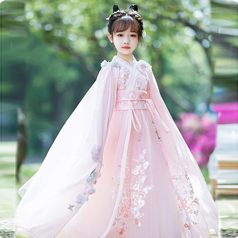 

Chinese Hanfu Dress Girls New Year Costume Ancient Hanfu Dress Children Carnival Fairy Cosplay Costume Pink Dress Cloak Girls