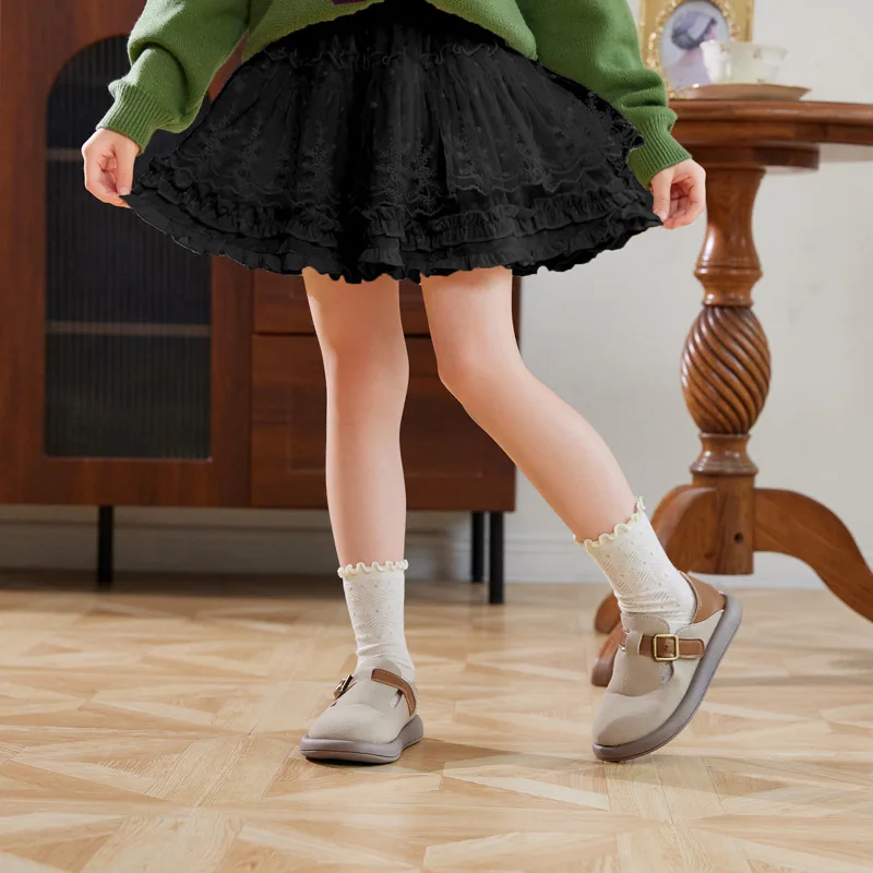 Girl Lace Ruffle Skirt Elastic Waisted A-Line Tiered Swing Mini Skirt Casual School Cake Skirts for Kids Teen Girls French Style