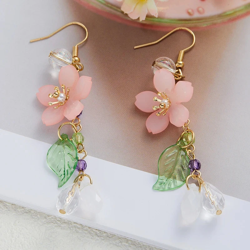 Doce romântico rosa flor folhas brincos feminino longo borla brincos elegantes festa de férias presente acessórios