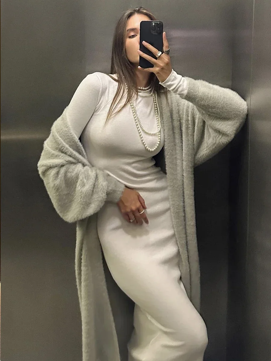 Fashion Long Cardigans Dress Knitted Sets Women Autumn Winter Elegant Loose Solid Long Sweater Long Dress Coat 2 Piece Female