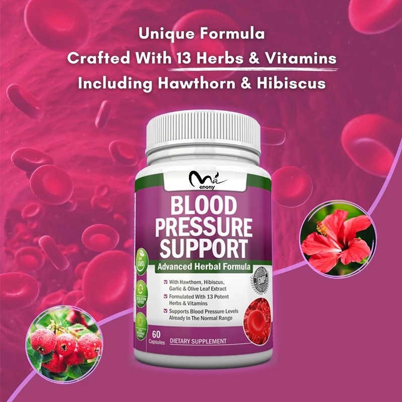 Blood pressure supplement capsules -13 herbs and vitamins - containing extracts of hawthorn, hibiscus, garlic, and olive leaves