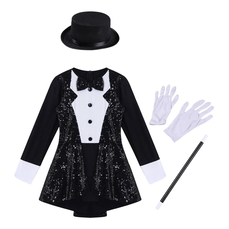 Kinder Mädchen Brautjungfer Halloween Kostüm Cosplay setzt Langarm Trikot Kleid mit Hut Zauberstab Handschuhe für Karneval Rollenspiel