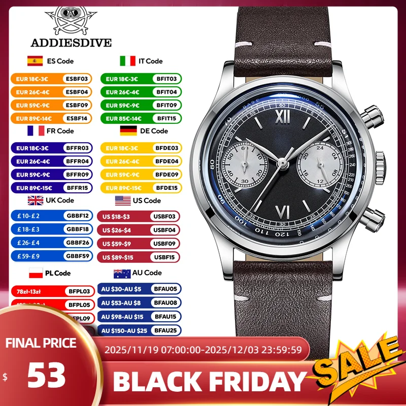 Addiesdive ساعة كوارتز جلدية فقاعة مرآة الزجاج 100 متر مقاوم للماء غواص التناظرية الساعات الفولاذ المقاوم للصدأ VK64 ساعة اليد للرجال #1