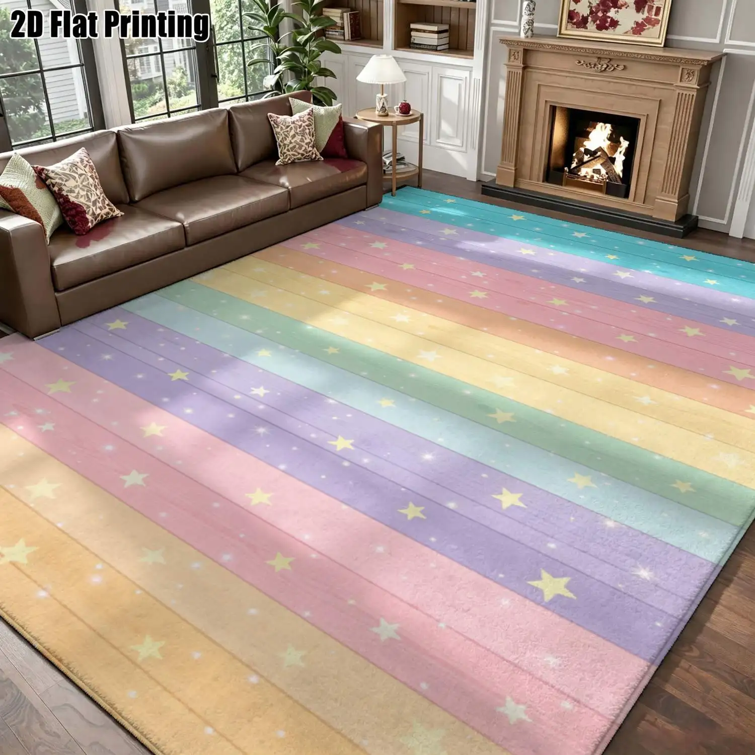 1Pc 2D Printed Rainbow Star Pattern Nordic Carpet, Instagram-Inspired Modern Minimalist Geometric Striped Floor Mat, Machine Washable, Multi-Size Home Decor Mat for Entryway, Dining Room, Foyer, Bedroom, Living Room