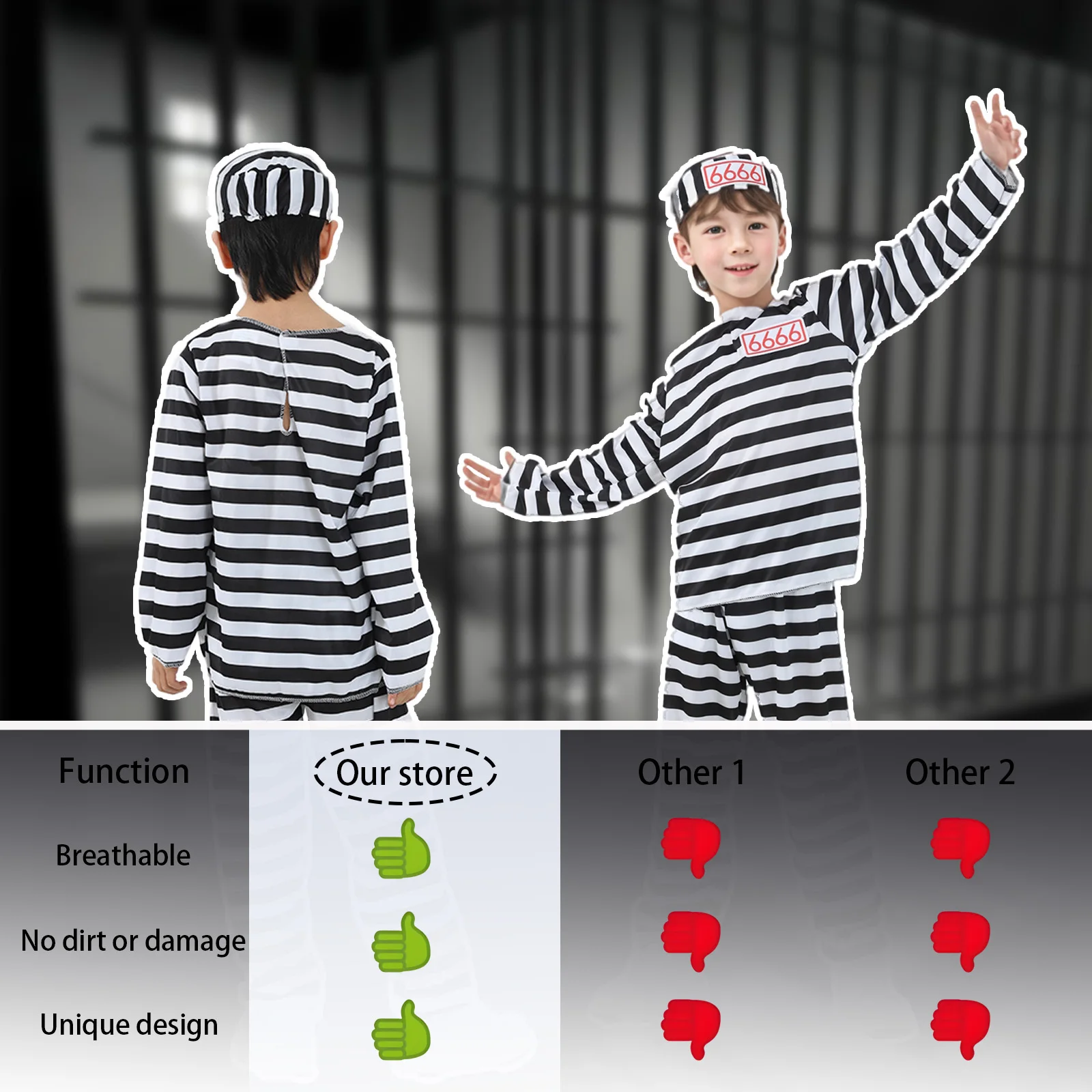 3-Piece Set of Funny Classic Black and White Striped Suit, Top, Pants, Hat, Halloween Fun Party Dress up Costume