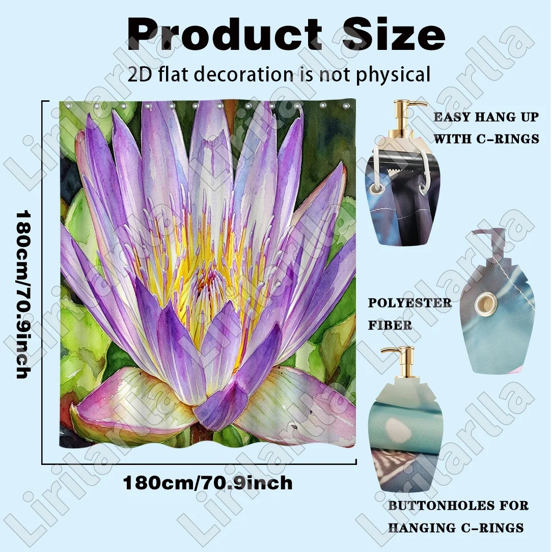 Realistic Watercolor Lotus Flower Pattern Shower Curtain Tropical Water Lily Floral Bathroom Decor Shower Liner Home Decoration