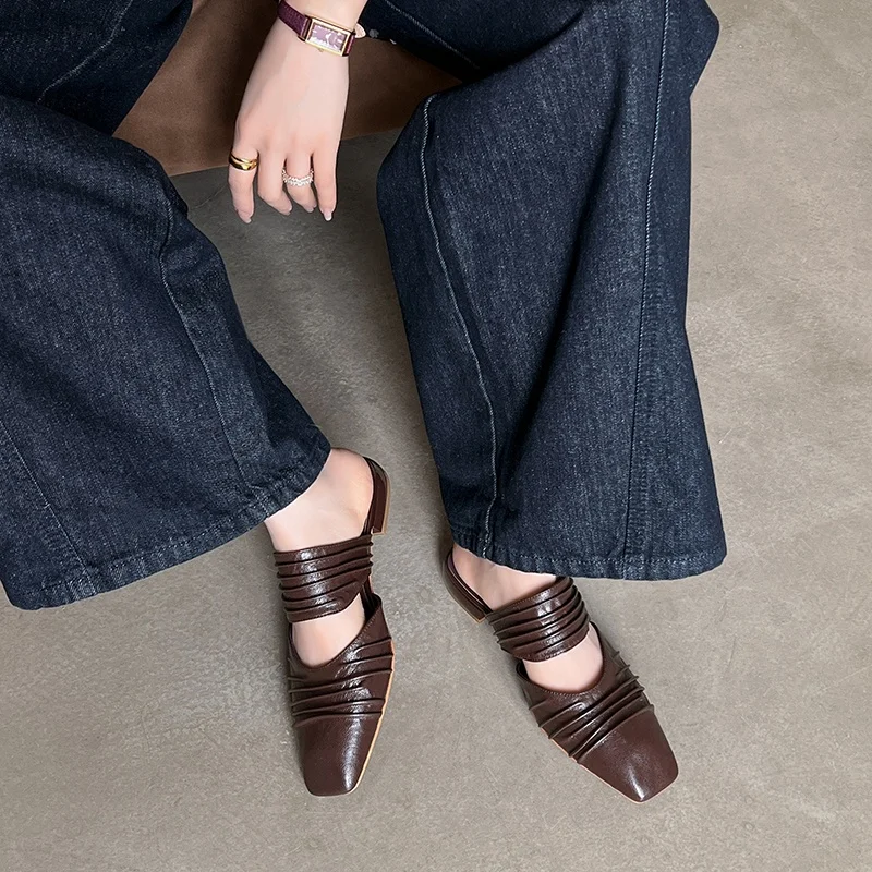 

Women's Flats Slippers Elegant Slip-on Genuine Natural Leather Mules Square Luxury High Quality Designer Ladies Brown Shoes