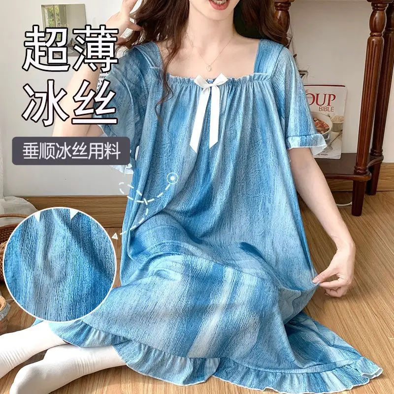 Plus Size Short-sleeved Loose Nightgown Women Summer Thin Ice Silk Princess Style Pajamas Korean Sweet Loungewear Home Clothes