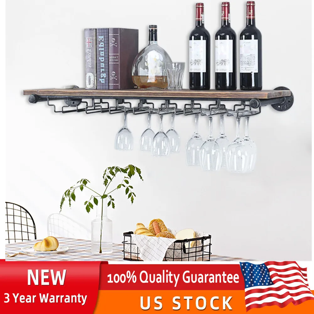 

Vintage Wooden Wall Bar Wall Bottle Hal with Stable Glass Holder 8 Glasses Wine Rack for Bar