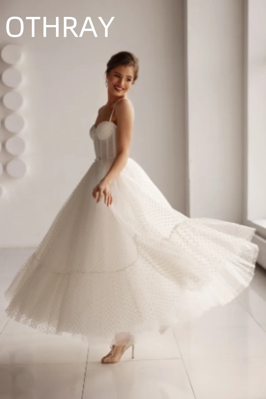 Robe de mariée courte en tulle à pois, ligne A, bretelles spaghetti, lacets dans le dos, longueur de rinçage, sur mesure, robe de mariée princesse, 2024