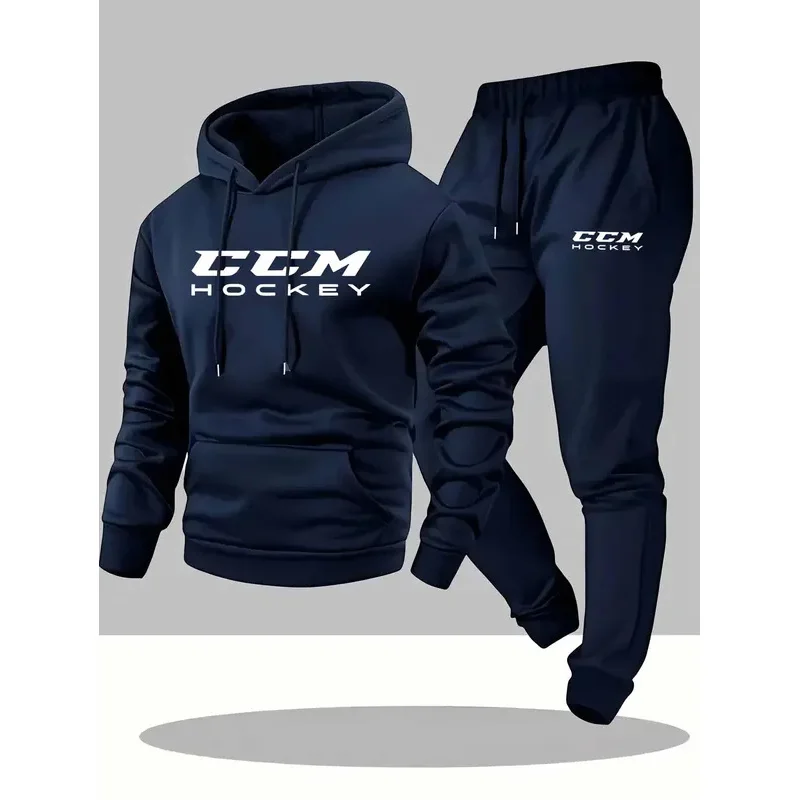 

CCM Мужской повседневный спортивный комплект из двух предметов: толстовка с капюшоном и джоггеры с длинными рукавами черного и бежевого цвета с принтом CCM