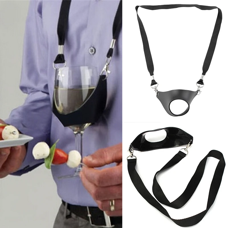 1 Pc Portable Black Wine Glass Holder Strap Wine Sling Yoke Glass Holder Support Neck Strap for Birthday Cocktail Party Bar Tool