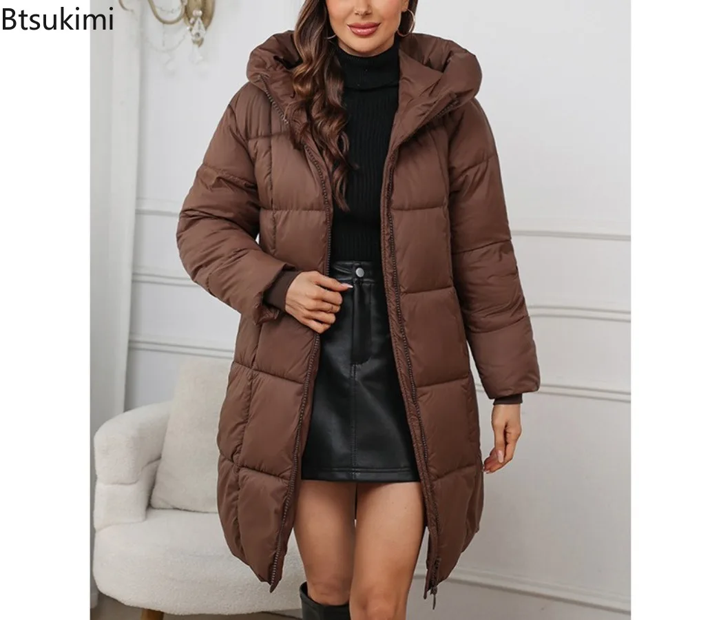 Women's Long Parkas  2025 New Hooded Loose Solid Color Overcoat Women Cotton Jacket Mid-Length Slim Fit Thick Warm Padded Coats