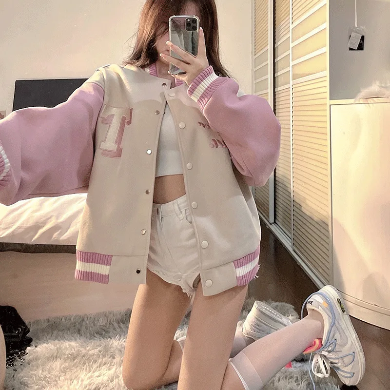 Autumn Embroidered Pink Baseball Jacket for Women American Niche Street Loose Woolen Jacket for Women INS Fashion