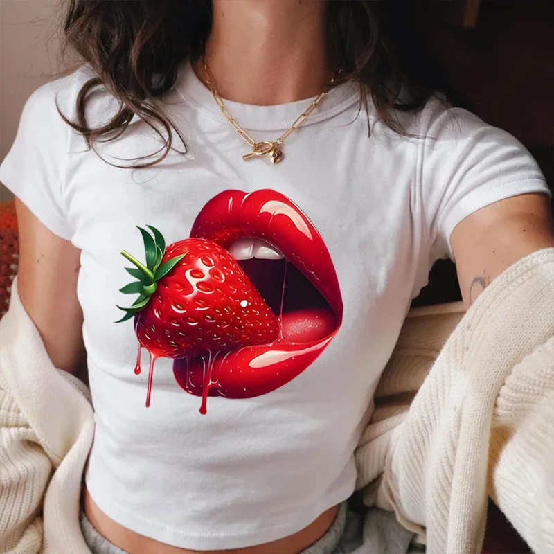 Strawberry Lip Print Design Tee Crop Top Watercolor Lip Print Women Casual Wear Fashion Short Sleeves Lip Sexy Cotton Crop Tops view 3