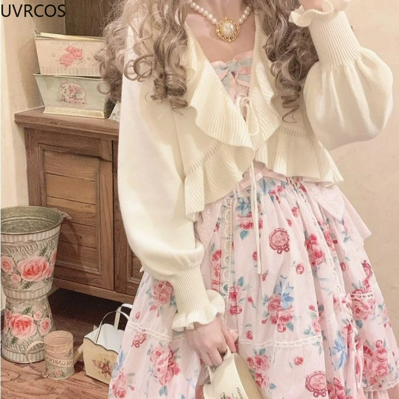 Jesienna Kawaii dla dziewcząt Lolita sweter dziergany słodkie falbany z okrągłym dekoltem sweter z rękawami kloszowymi Top kobiety elegancja bandaż