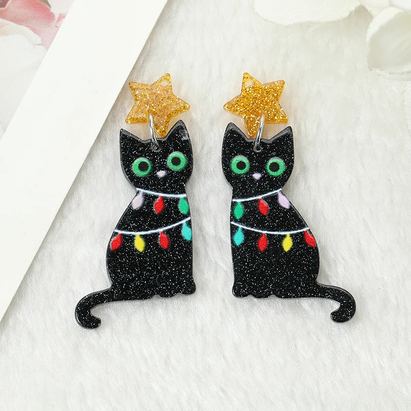 10Pcs Christmas Tree Charms Creative Acrylic Black Cat Star Gingle Bell Pendant For Keychain Necklace Jewelry Diy Making