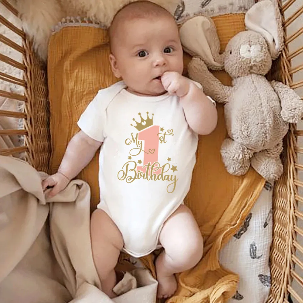 My 1st Birthday Newborn Summer Romper Infant Body Toddler Short Princess Sleeve Jumpsuit Baby Girl Birthday Party Outfit Clothes