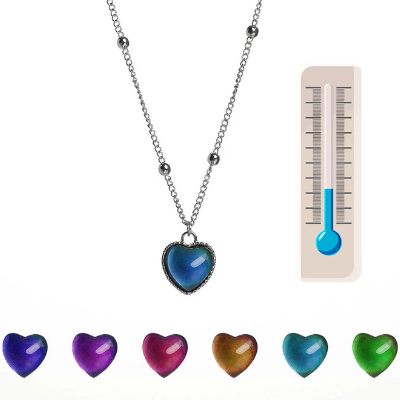 New Mood Necklaces Colorful Heart Love Pendant Temperature Control Color Change Necklace Stainless Steel Chain Jewellery Women