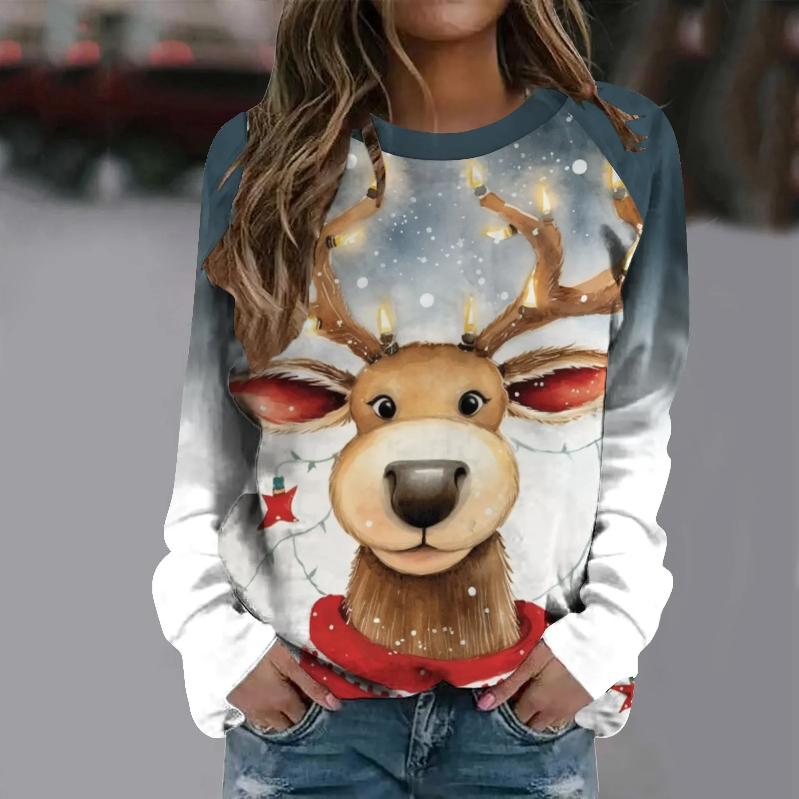 Funny Cute Elk Printing Long Sleeve 2023 Christmas Women T Shirt Harajuku S-2xl Cotton Woman Tshirts Comfy Shirt Female Top