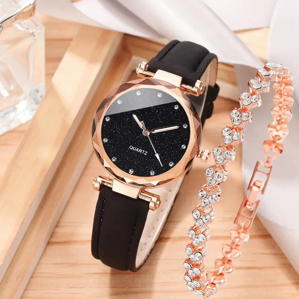 2PCS/Set New Starry Sky Watch Women's Watch Matte Belt Quartz Watch+Heart Skeleton Bracelet