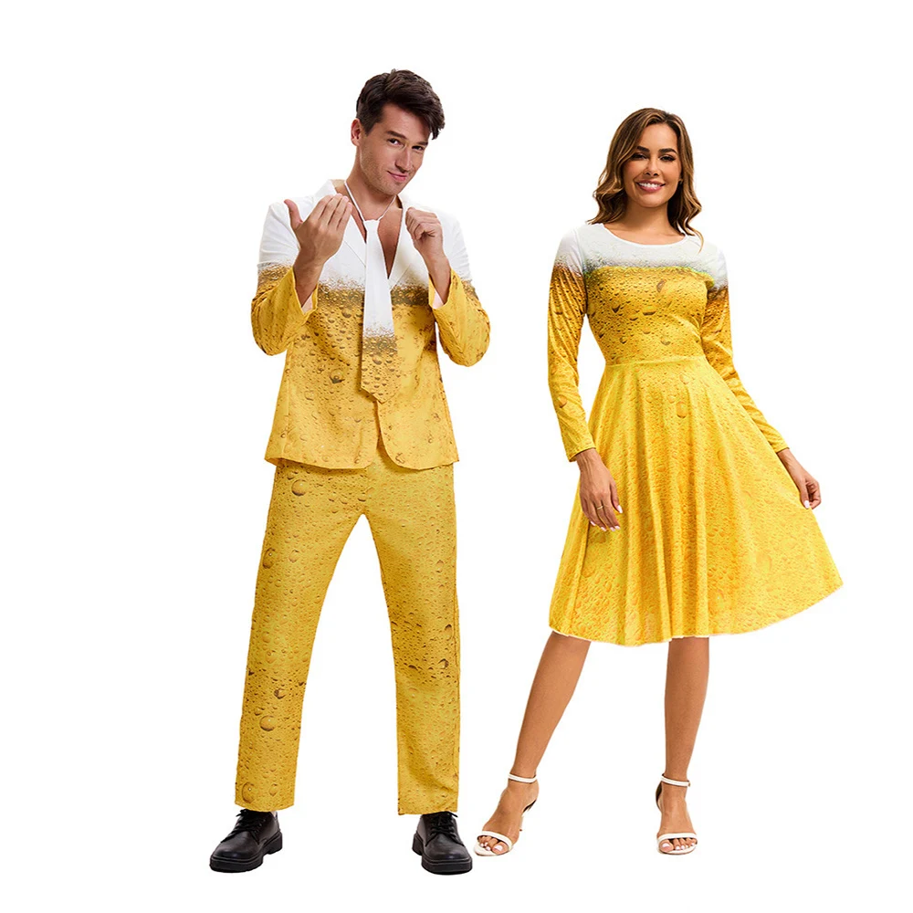 

Men's Oktoberfest Suit Adult Costume Yellow Gradient Beer Dress For Woman Long Sleeved Fancy Party Prom Festival Printed Clothes