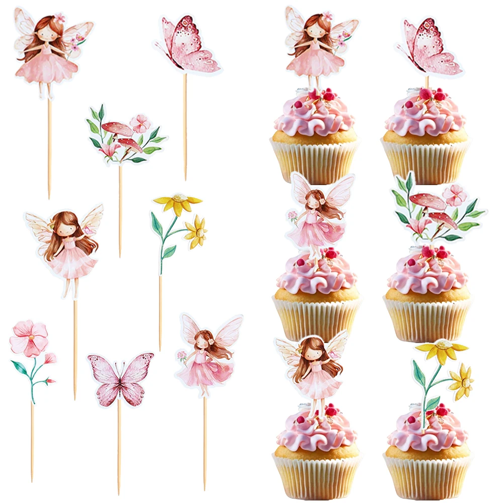 1 Set Feenhafte Cupcake-Topper Dekoration Blumenmuster Feen-Dessert-Zahnstocher Deko Feengarten Geburtstag Babyparty Partydekoration