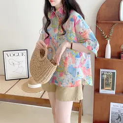 Summer New POLO Collar Fashion Floral Printing Shirt Women High Street Casual Loose Button Half Sleeve Cardigan Pure Cotton Tops