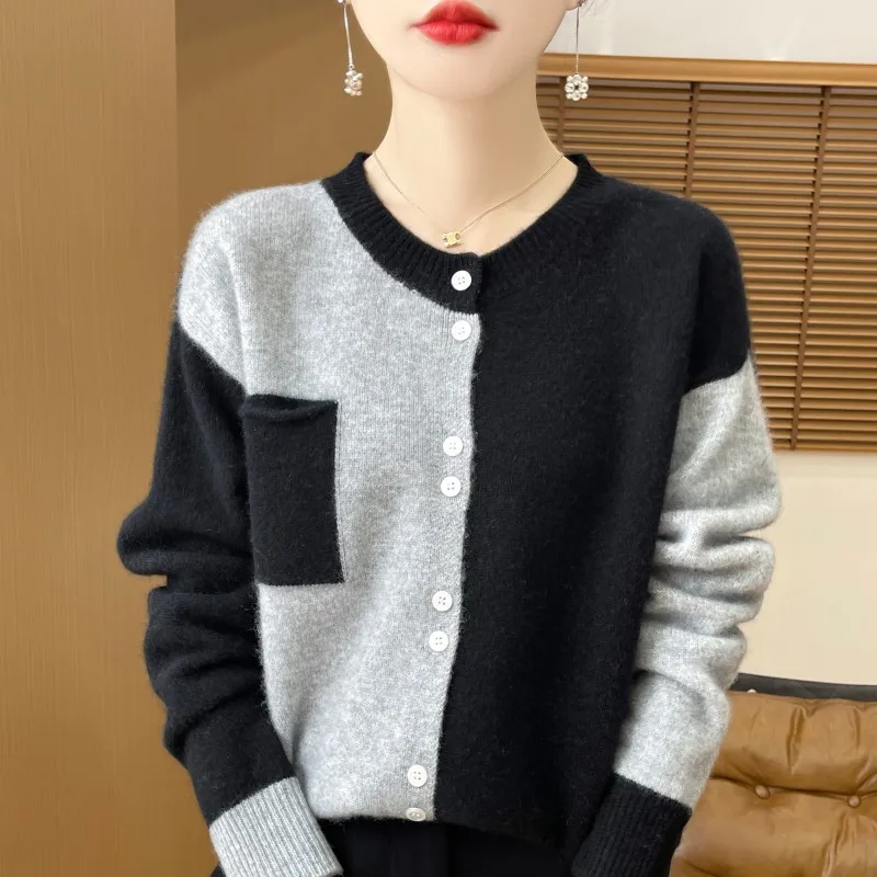 Autumn Winter New 100% Merino Wool Sweater Women\'s Clothing Round neck Knitted Cardigan Fashion Korean Color Blocked Jacket Tops