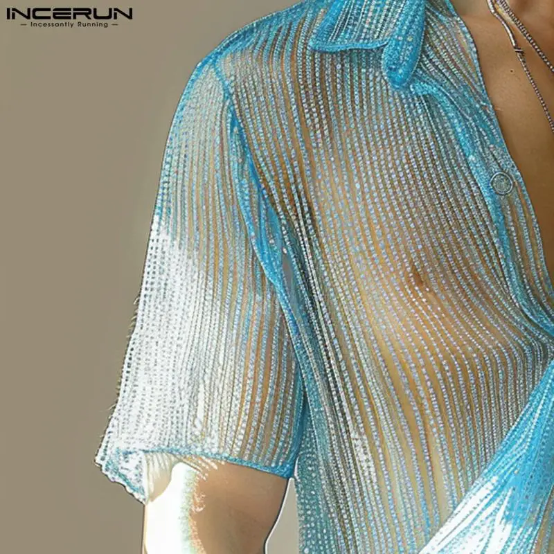 INCERUN Tops 2024 Fashion New Men\'s Sexy Striped See Through Design Shirts Casual Clubwear Male Thin Short Sleeved Blouse S-5XL