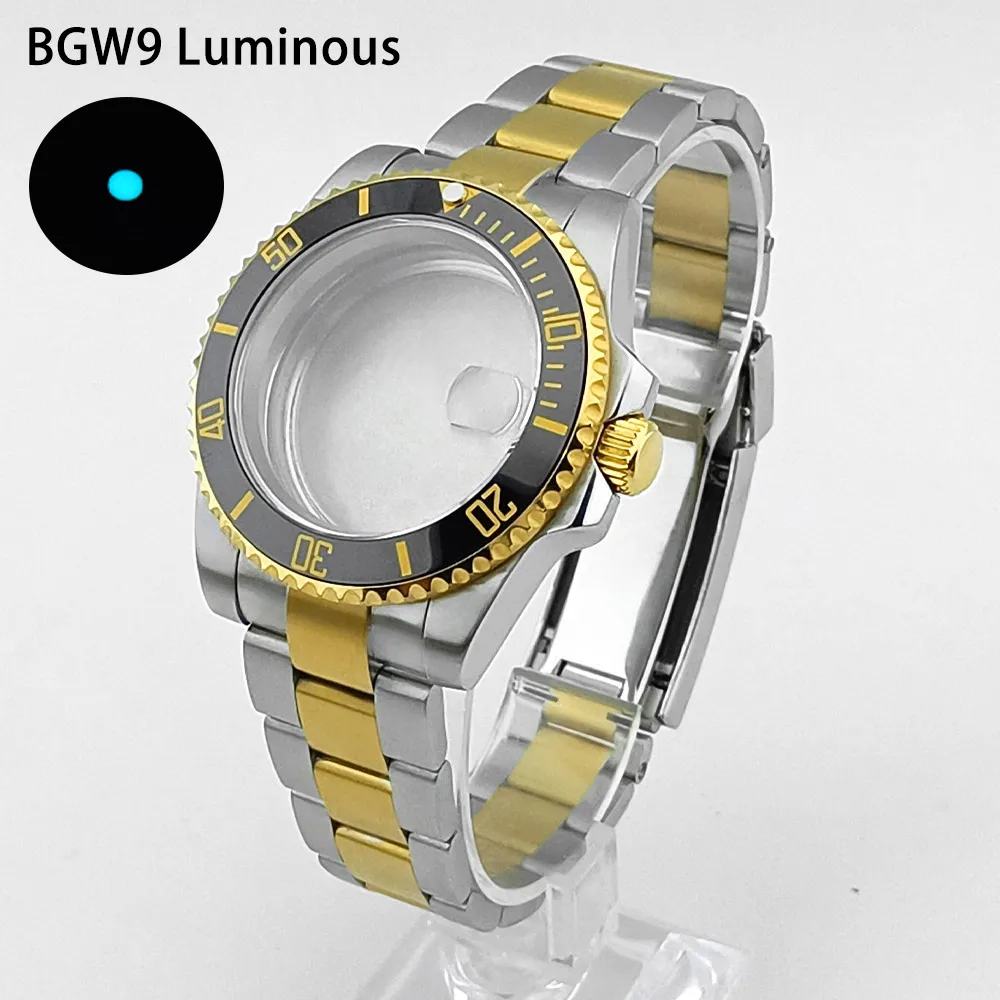 

Золотой корпус SUB диаметром 40,5 мм, подходит для механизма NH35/36, черный, зеленый, синий, керамический безель, аксессуары для часов из светящегося сапфирового стекла BGW