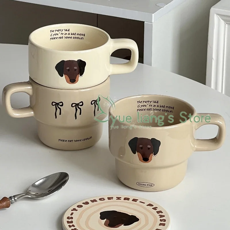 

Butterfly Dog Pattern Ceramic Mug, Cream Brown Hand-painted Coffee Cup, Foldable Couple Breakfast Cup, Gift Cup for Friends