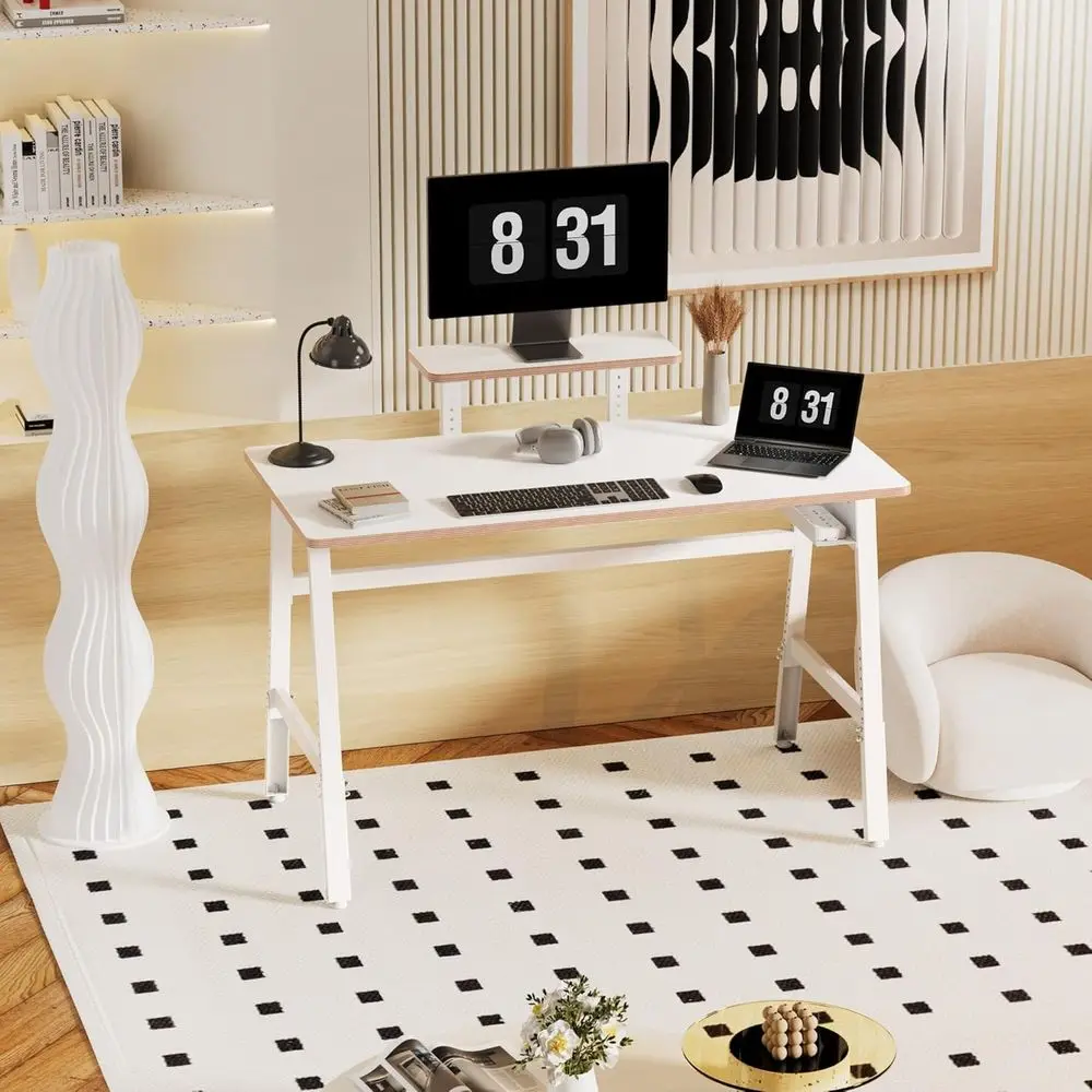 Modern 47 Height-Adjustable Desk for Gaming and Home Office, White Metal Frame, with Monitor Stand