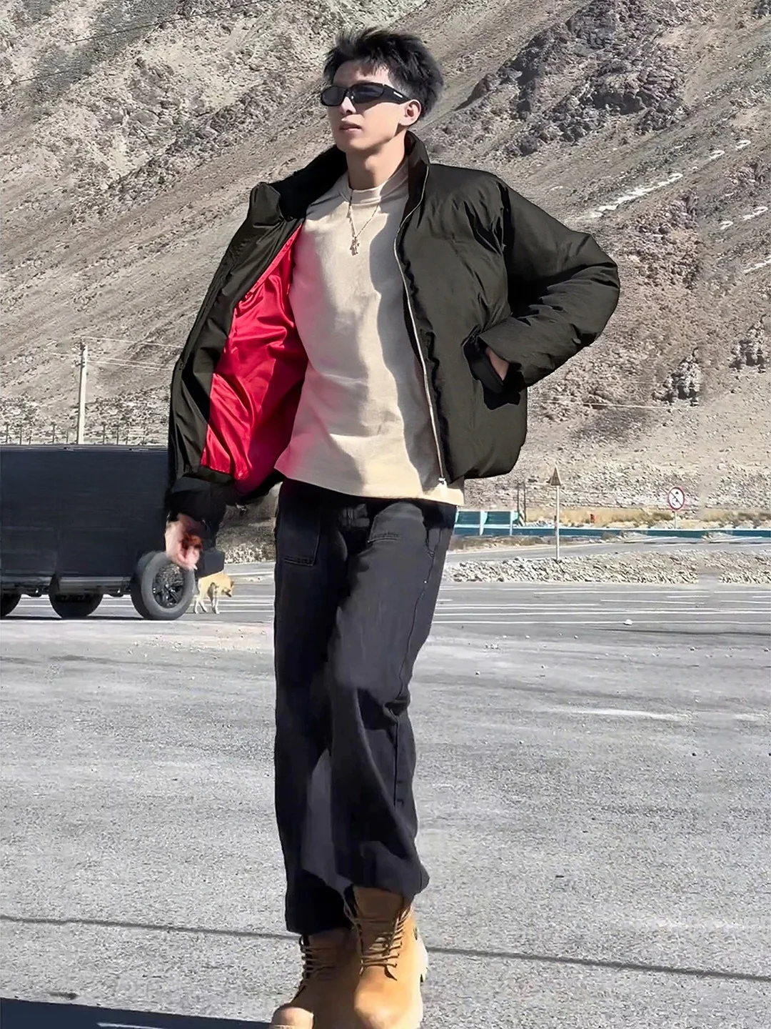 

Thiened Bla Red Inner ort PU Leather Cotton Jaet Men's Winter Warmth Anti-cold American Sle Stand Collar Bread Coat