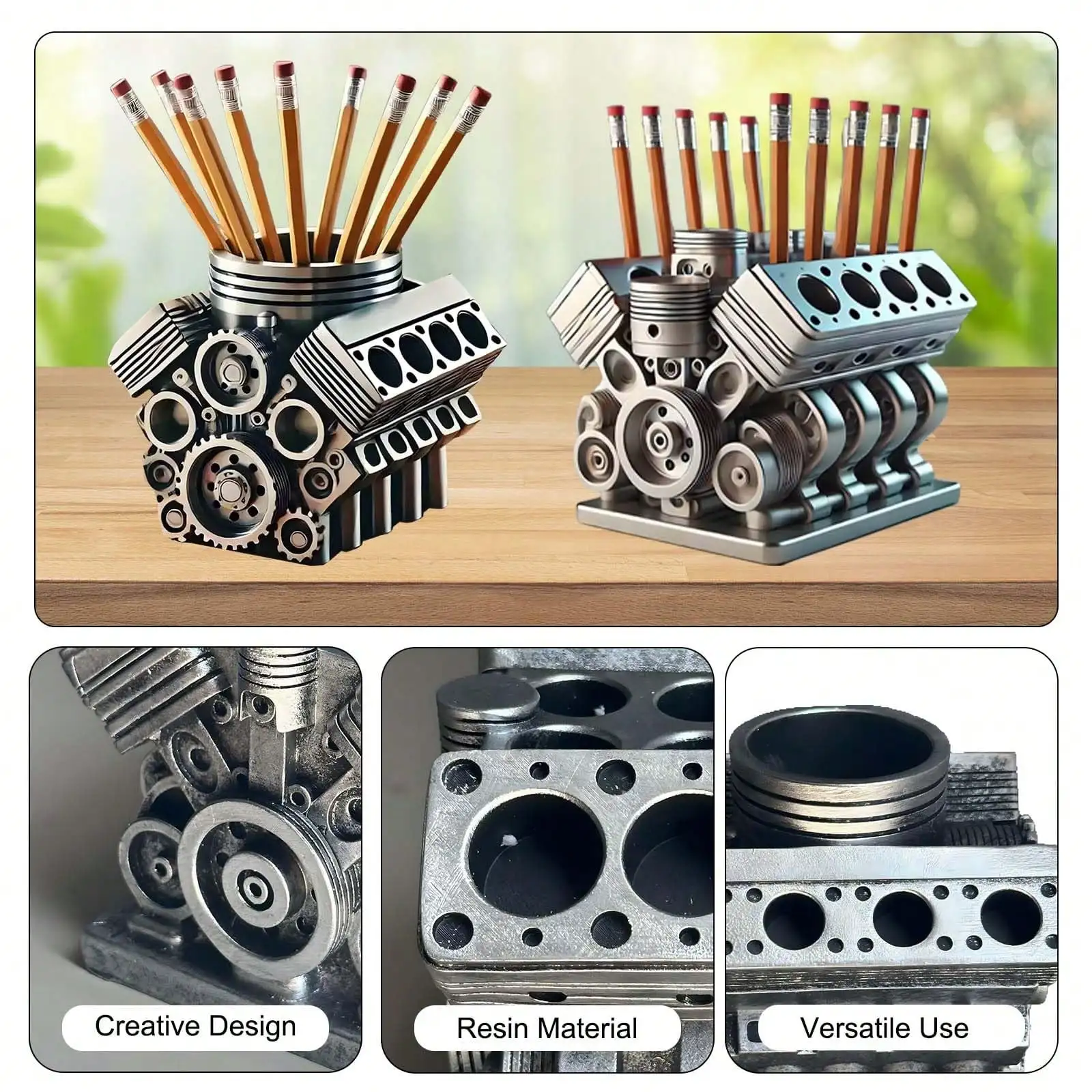 حامل أقلام نموذج المحرك V6/V8 مطبوع ثلاثي الأبعاد - منظم مكتب ملحقات السيارة للرجال (تخزين بطاقة العمل والقلم الرصاص)