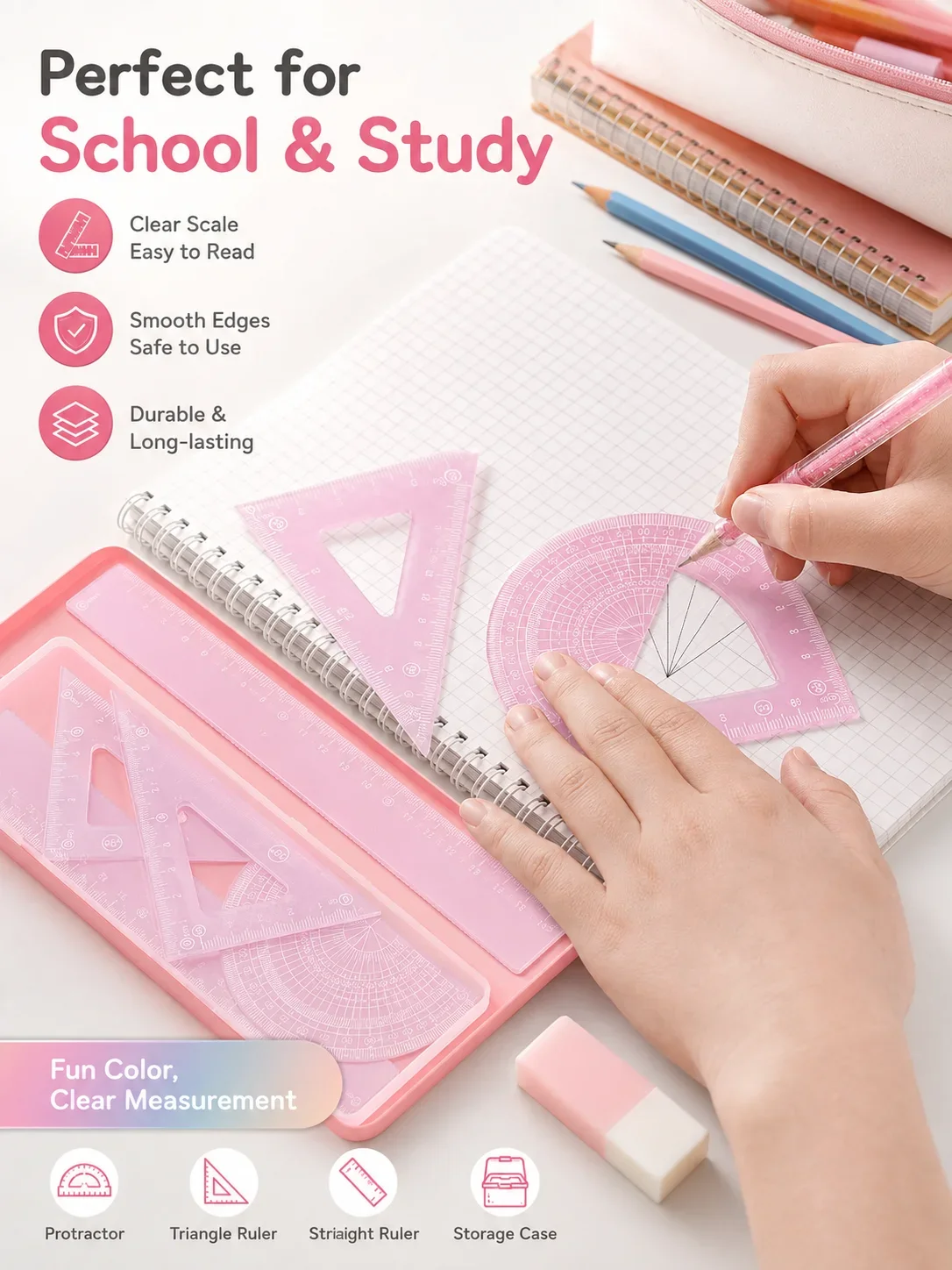 4Pcs Jelly Color Cartoon Ruler Set, 20cm Student Straight Ruler Kit, High Beauty School Stationery