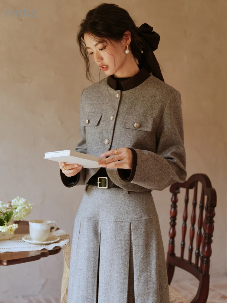 ARTKA 2022 A/W New Women Woolen Coat Elegant Vintage Long Sleeve Woolen Short Jacket Two Piece Set Woolen Pleated Skirt WA92121D