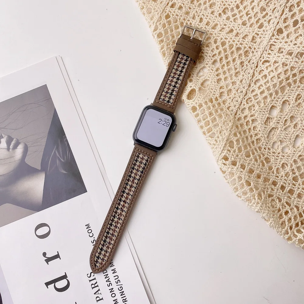Houndstooth و الجلود حزام ل سوار ساعة يد آبل 38 مللي متر 42 مللي متر 40 مللي متر قماش حلقة SE1 2 3 4 5 6 7 ل iwatch 44 مللي متر 45 مللي متر 41 مللي متر المعصم كوريا