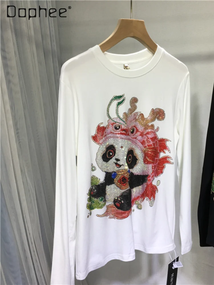 Cute Panda Heavy Embroidery Hot Drilling Bottoming Shirt for Women Spring and Autumn Round Neck Stretch Slim Long Sleeve Top